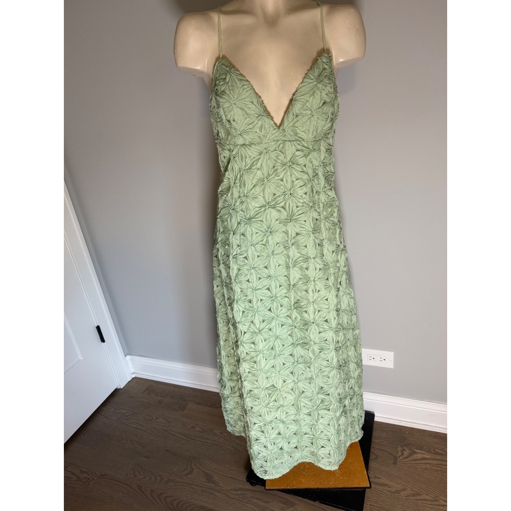 Endless Rose Sage Green Textured Floral Midi Dress V-Neck Open Back NWT